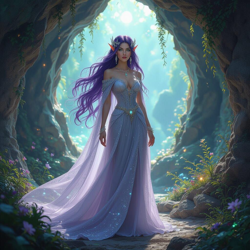 Elven Queen in Grotto: Hyperrealistic Art Nouveau