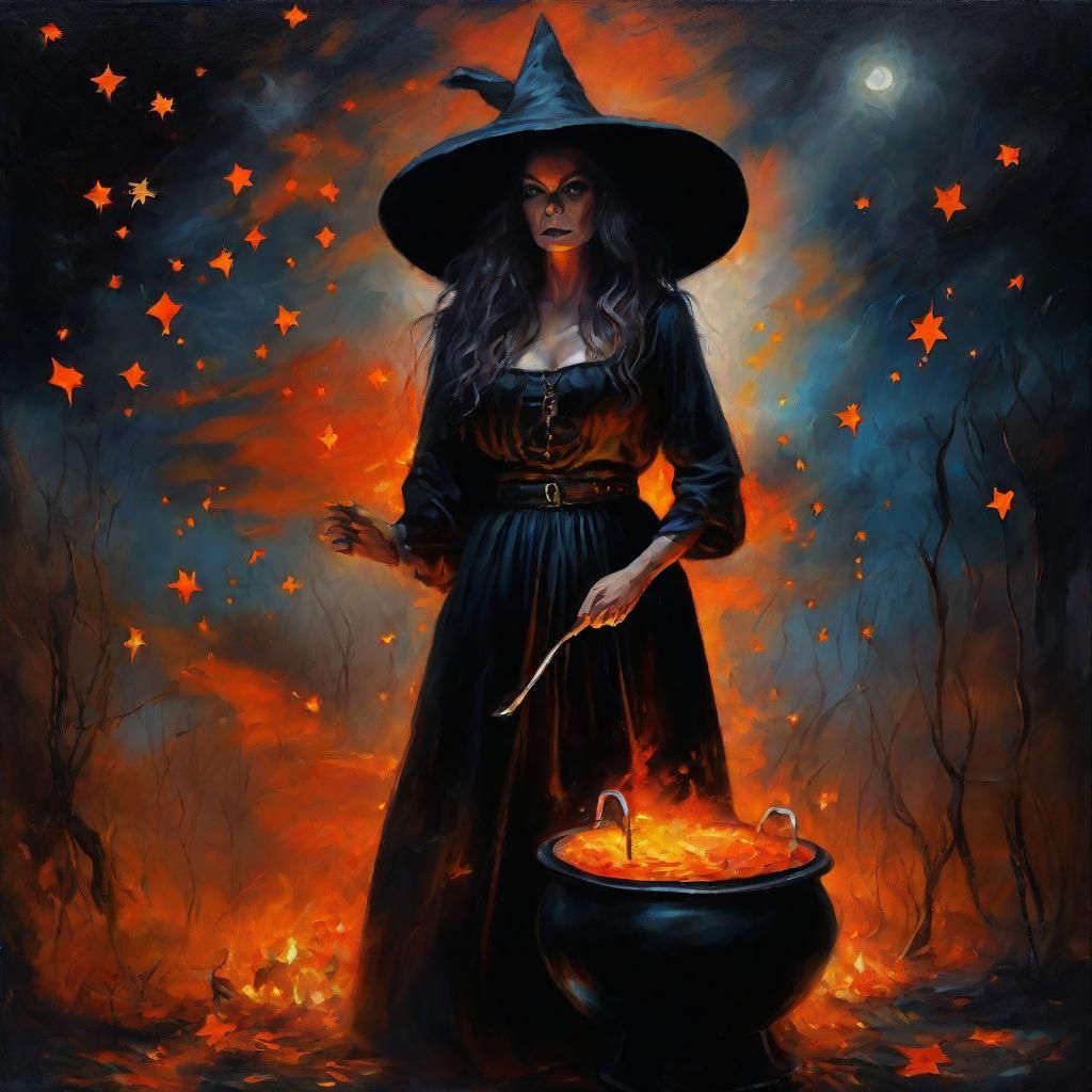 Halloween Witch Brewing Potion: Dark Fantasy Oil Painting