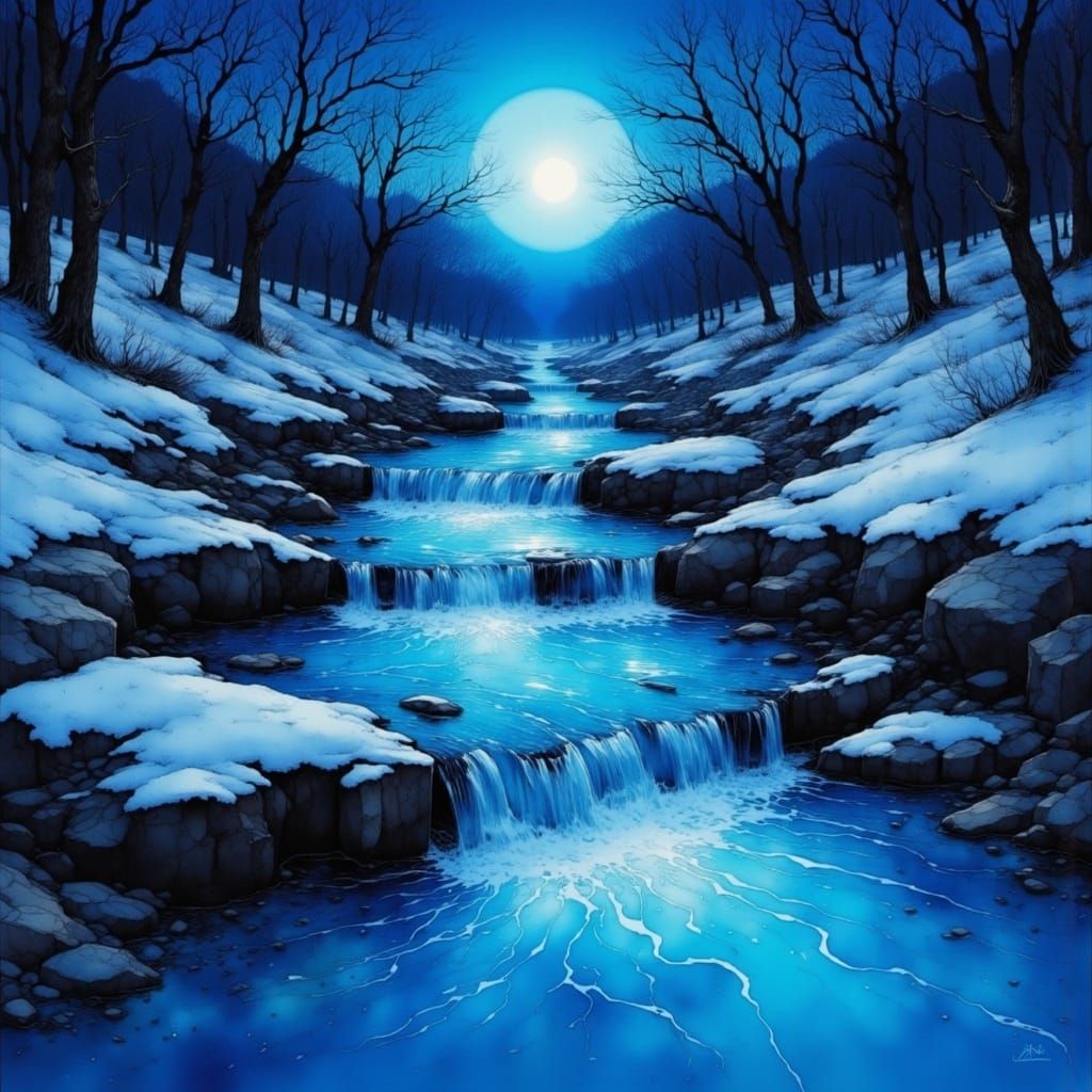 Ethereal Blue Bioluminescent Creek in Winter Wonderland