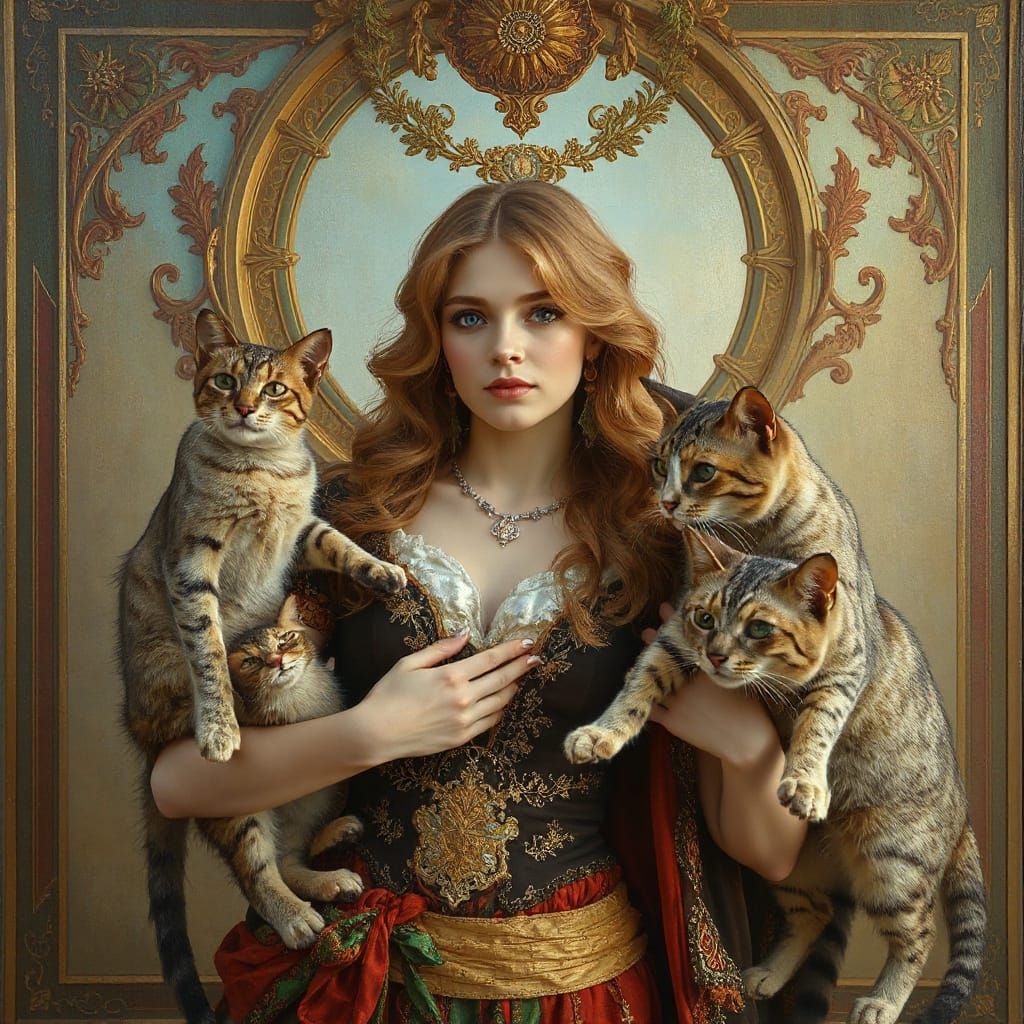 Queen of Cats: A Hyperrealistic Art Nouveau Portrait