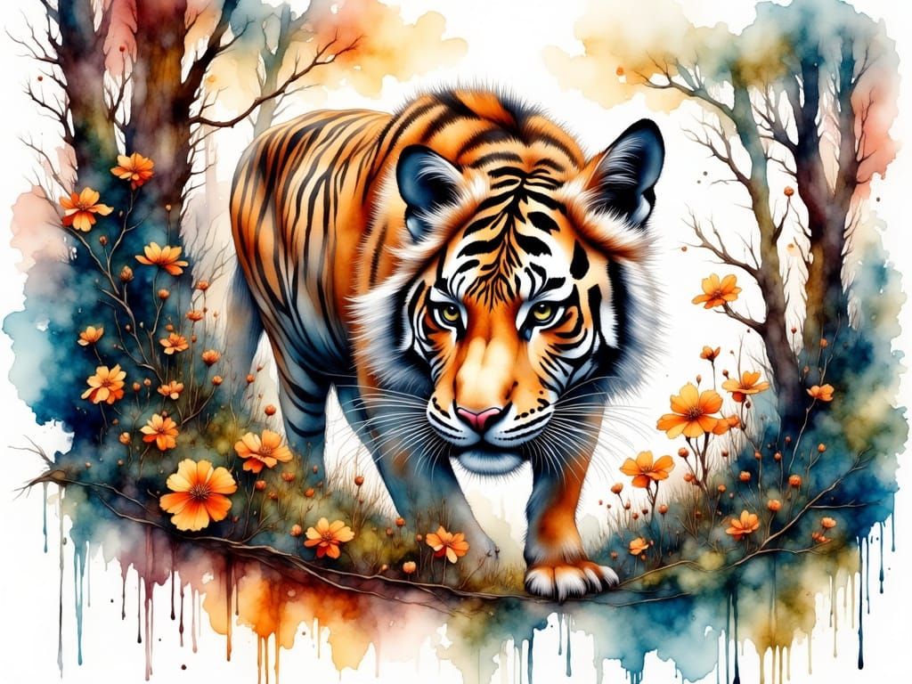 Tiger in Watercolor-Inspired Cyberpunk Jungle Scene