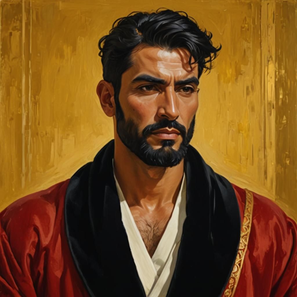 Portrait of Man in Red Velvet Robe as Oil Painting