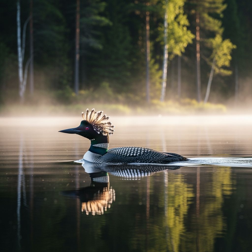 Loon Gliding on Misty Lake: Photorealistic Style