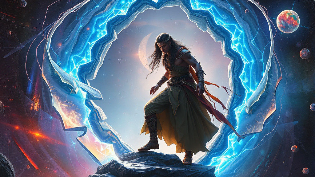 Mystical Being Emerges from Iridescent Space Rift