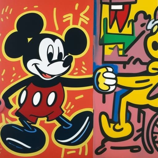 Mickey Mouse Protests in Haring-esque Impasto Style