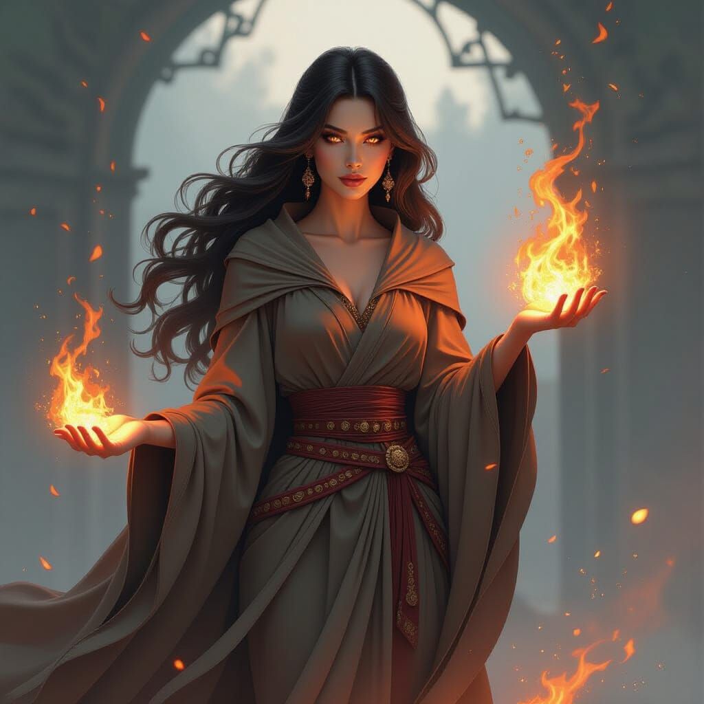 Mystical Woman with Fiery Eyes in Fantasy Art Style
