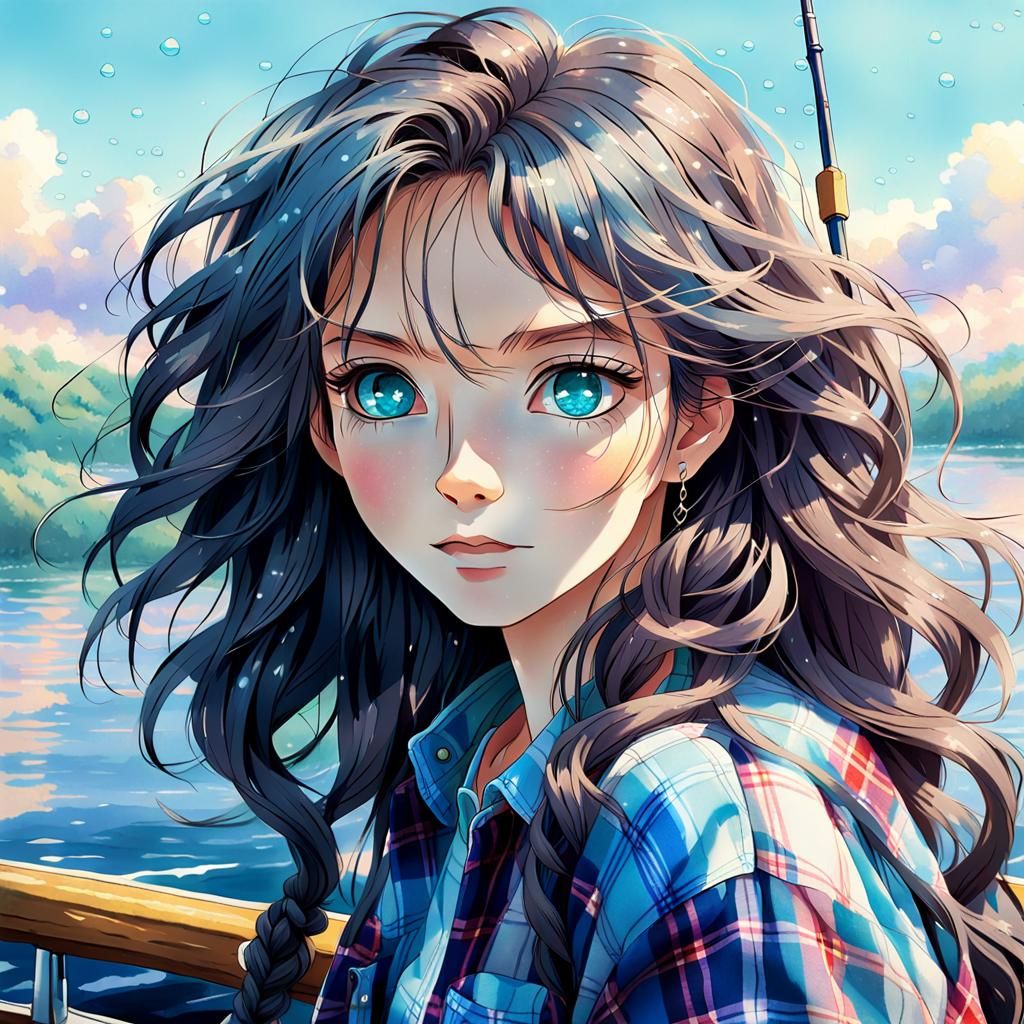 Anime Girl Fishing Portrait in Manga Style