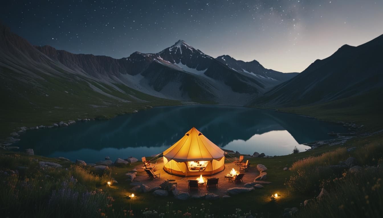 Luxurious Campsite Amidst Mountain Lake at Twilight
