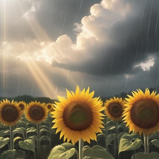 Radiant Sunflower in Rain with Divine Light