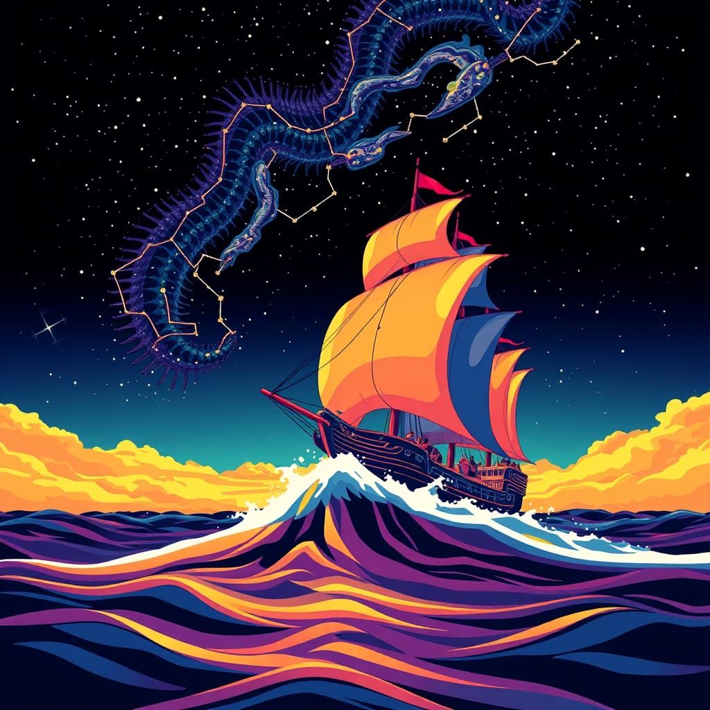 Ocean Ship Sailing Under Gryphon Constellation