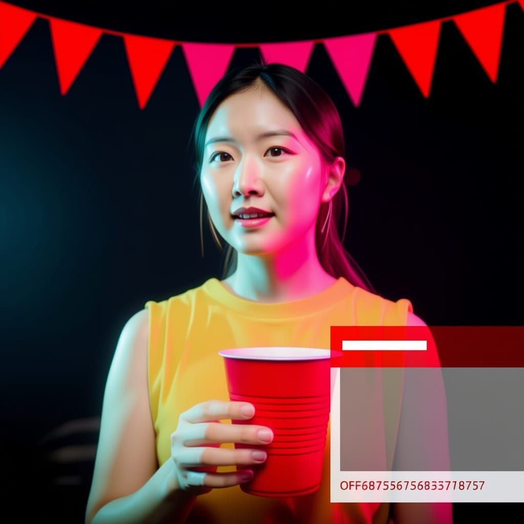 Woman With Red Cup at Party, Talking Happily