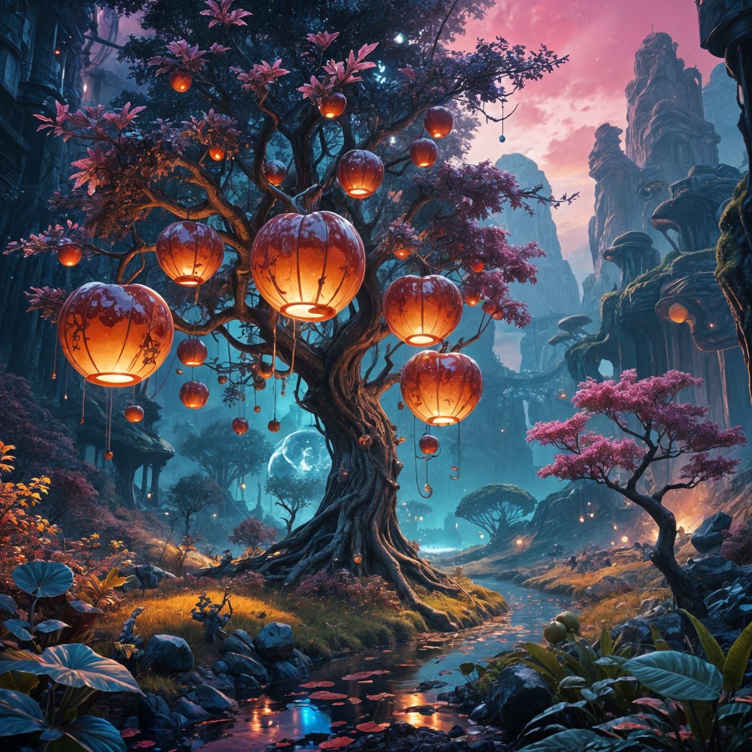 Glowing Mechanical Apples in a Futuristic, Dreamlike Landsca...
