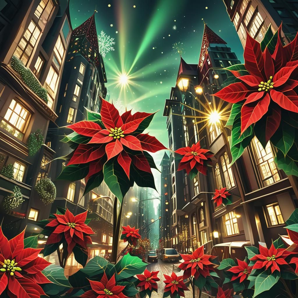 Vibrant Cyberpunk Christmas Cityscape with Fractal Geometry