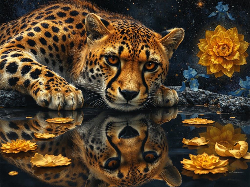 "Beautiful cheetah with fluffy fur and deep copper eyes  tou...