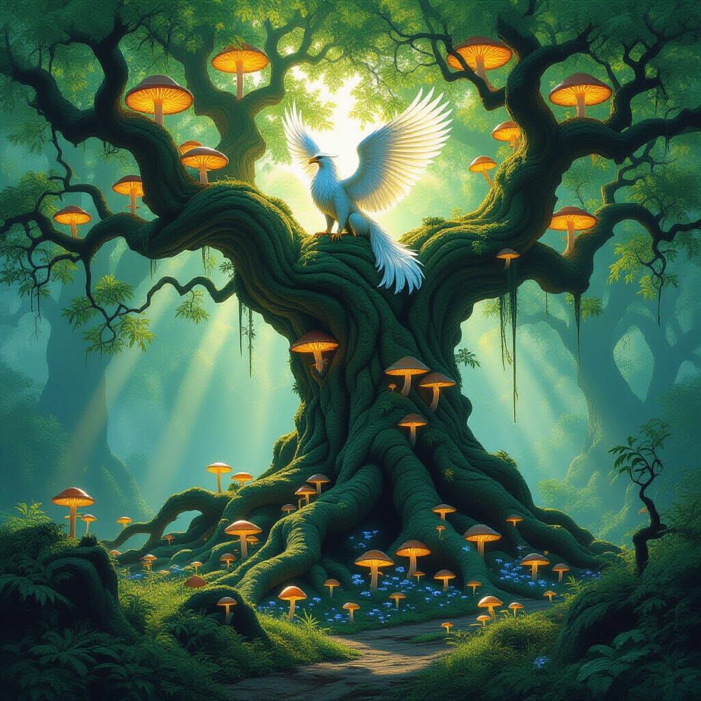Majestic Griffin on Ancient Tree with Ethereal Mushrooms