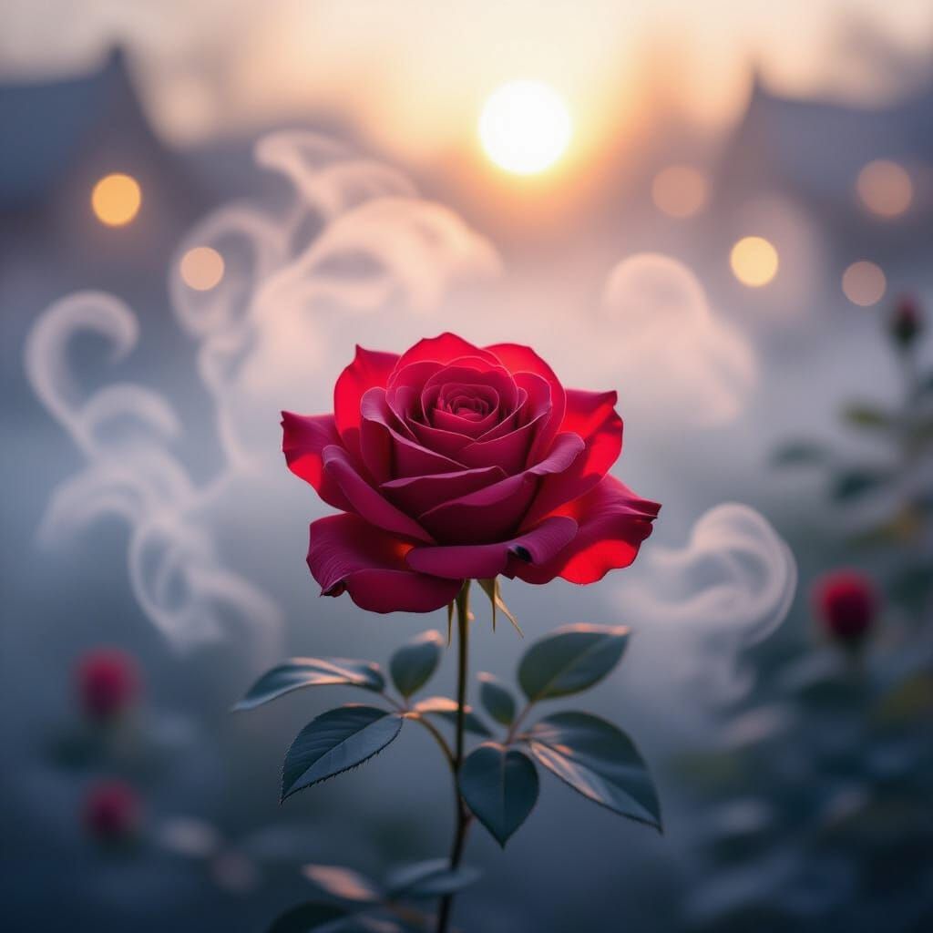 Vibrant Red Rose in Ethereal Mist
