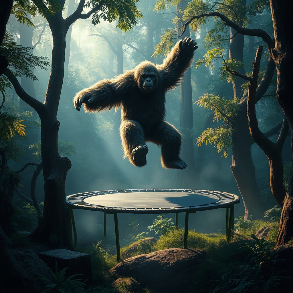 Majestic Sasquatch Soars on Trampoline in Mystical Forest