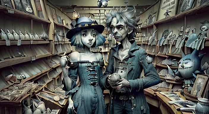 Surreal Shoplifters Scene in Dark Fantasy Style