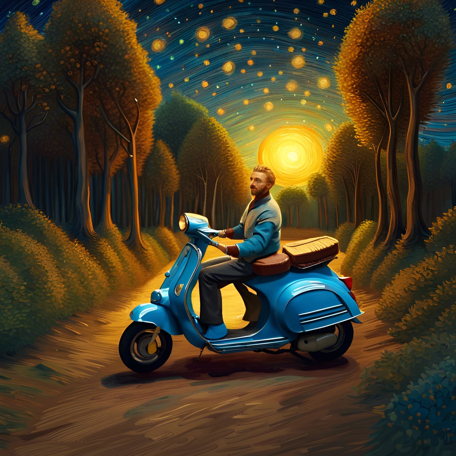 Van Gogh Rides a Vespa Under Starry Sky