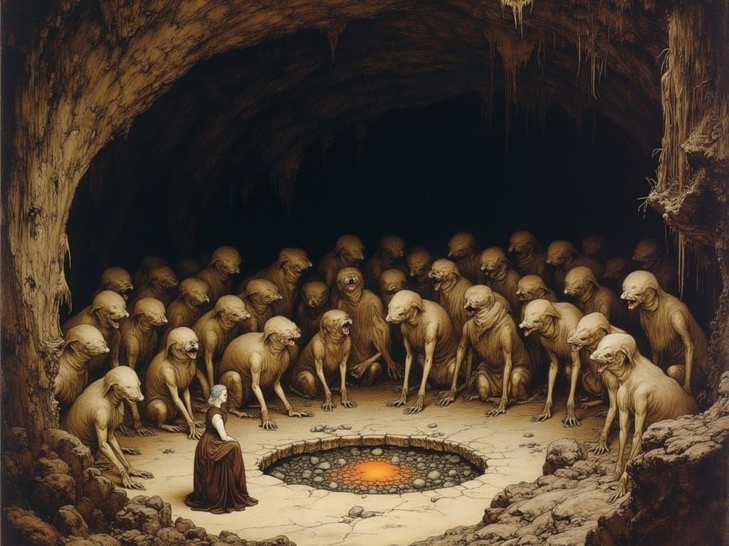 Cave Dwelling Creatures Huddled in Warm Hearth Glow