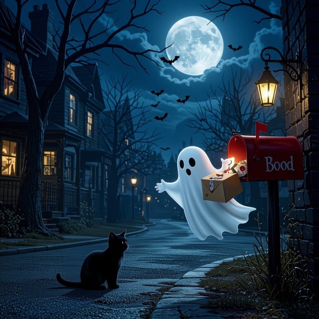 Spooky Evening Street Scene with Ghost and Black Cat
