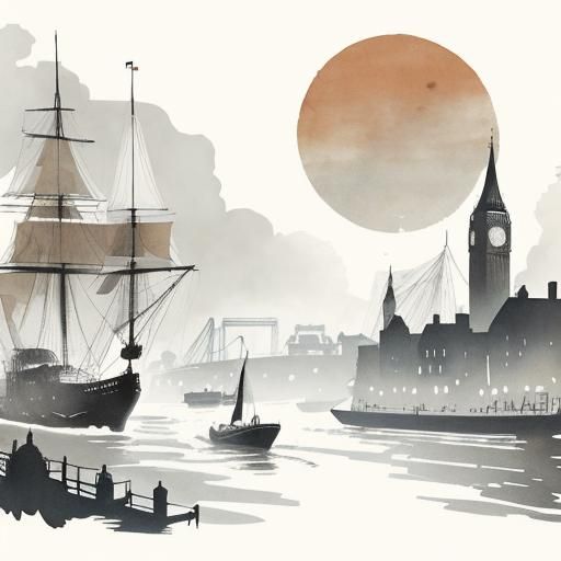 Steampunk Boat Silhouette on the Thames in Ink
