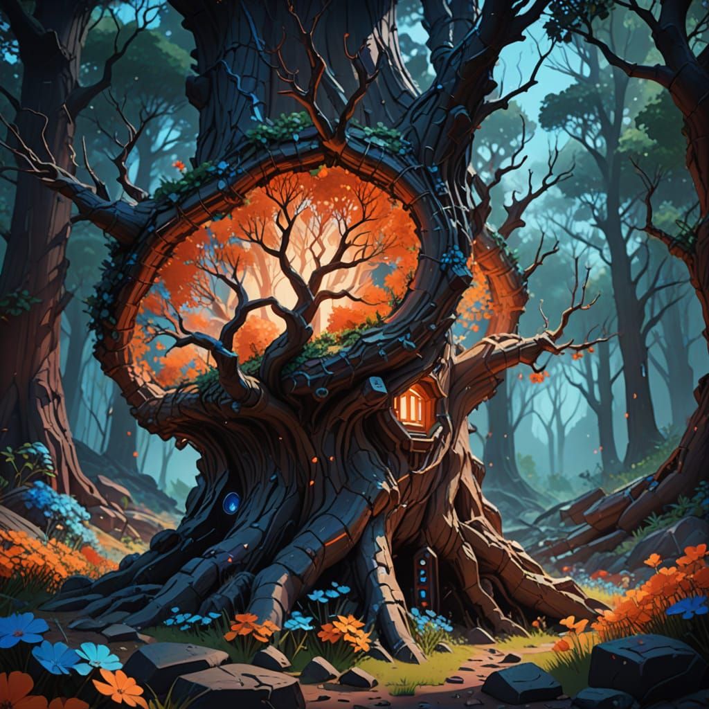 Mystical Tree in Pop Art Style with Glowing Runes