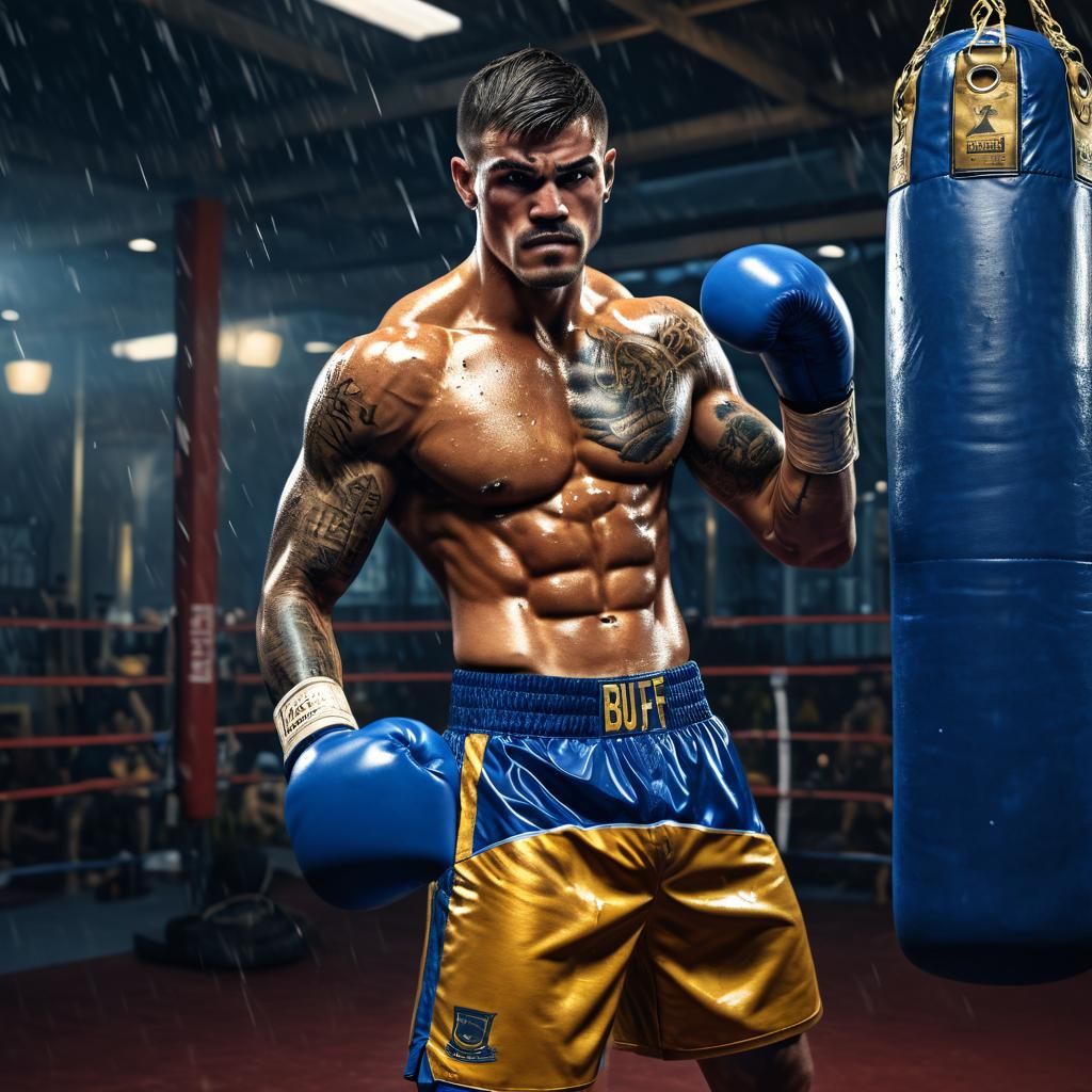 Hyperdetailed Boxer Strikes Punching Bag at Night