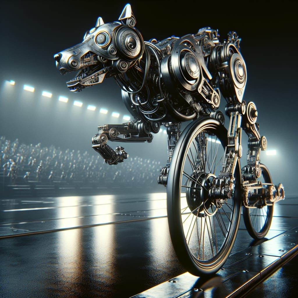 Mechanical Dog Rides Unicycle in Sci-Fi Setting