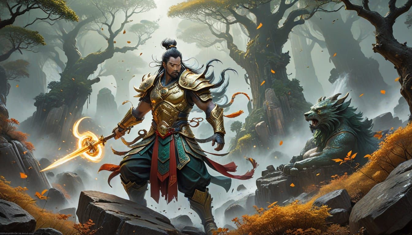 Herne the Hunter, dressed in ornate, mystical armor, unleashes his Super Saiyen fury, surrounded by a halo of golden ene...