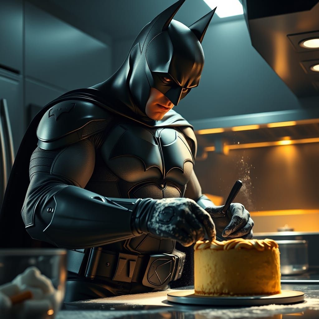Batman Baking a Cake in High-Tech Kitchen