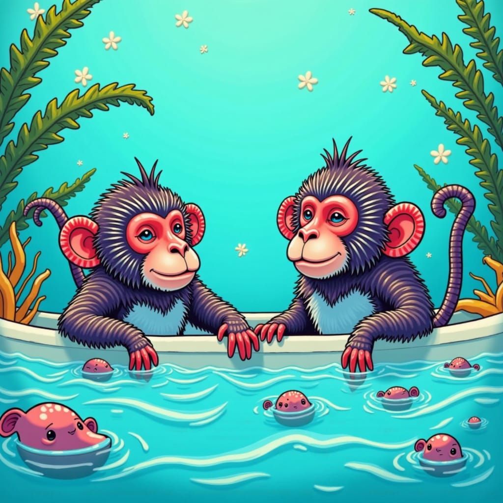 Whimsical Monkeys Relax in a Turquoise Ocean Spa Digital Pai...