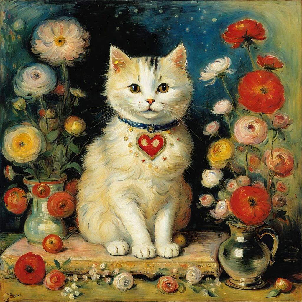 Cat with Flowers in Expressive Style