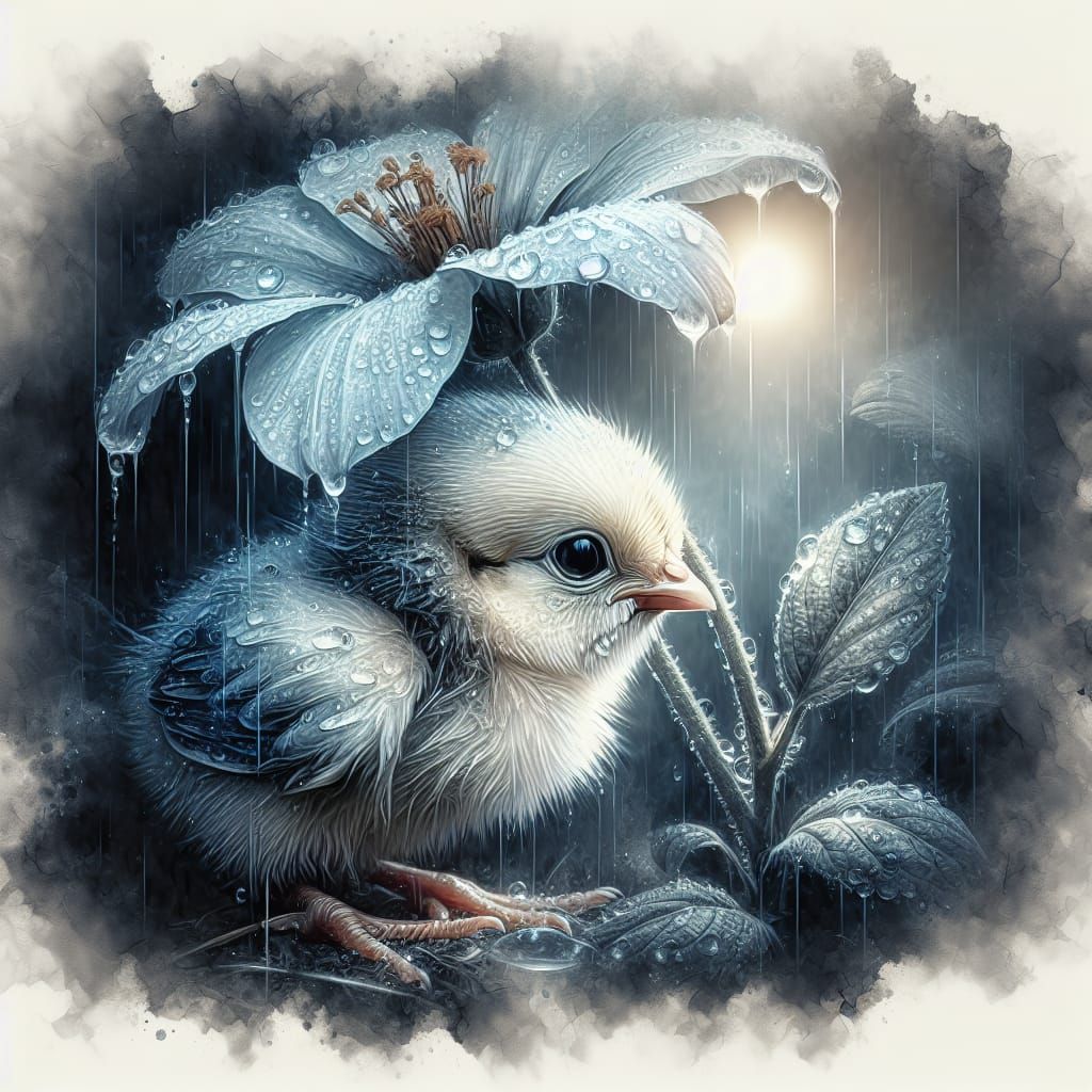 Adorable Chick Seeks Refuge Under Delicate Flower in Moonlit...