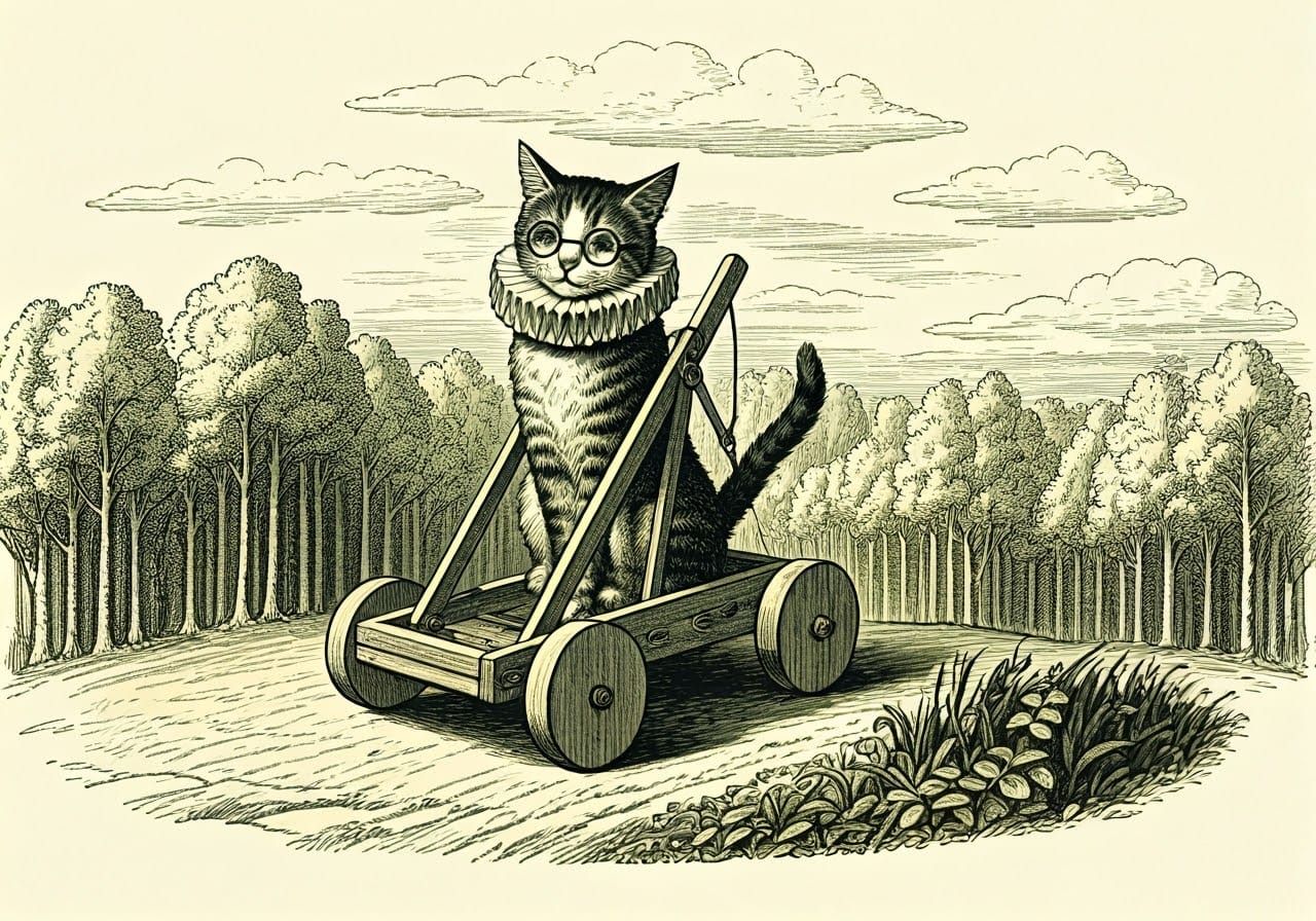 Whimsical Cat in a Classic Victorian Catapult Scene