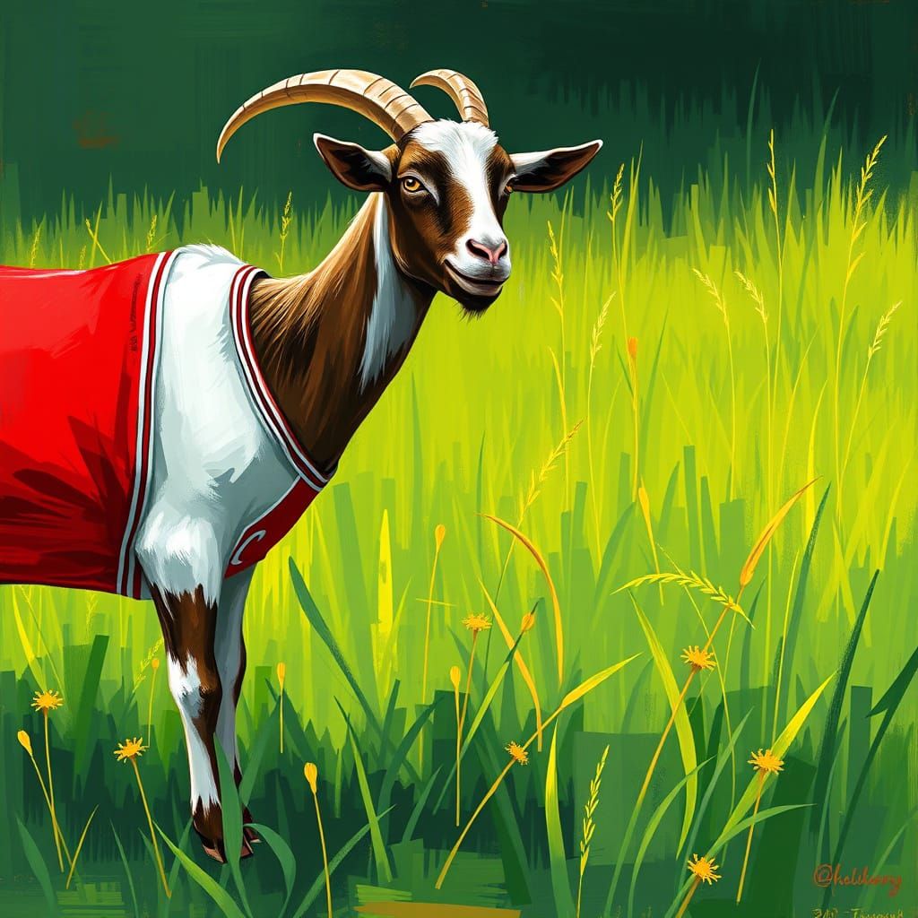 Whimsical Goat Wears Bright Red Lebron Jersey