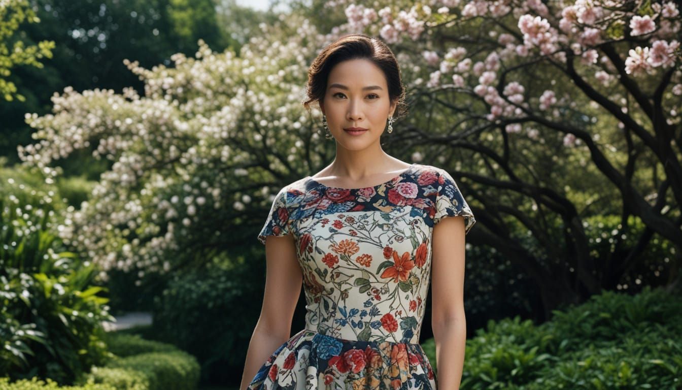 Elegant Asian Woman in Japanese Garden Fashion Portrait