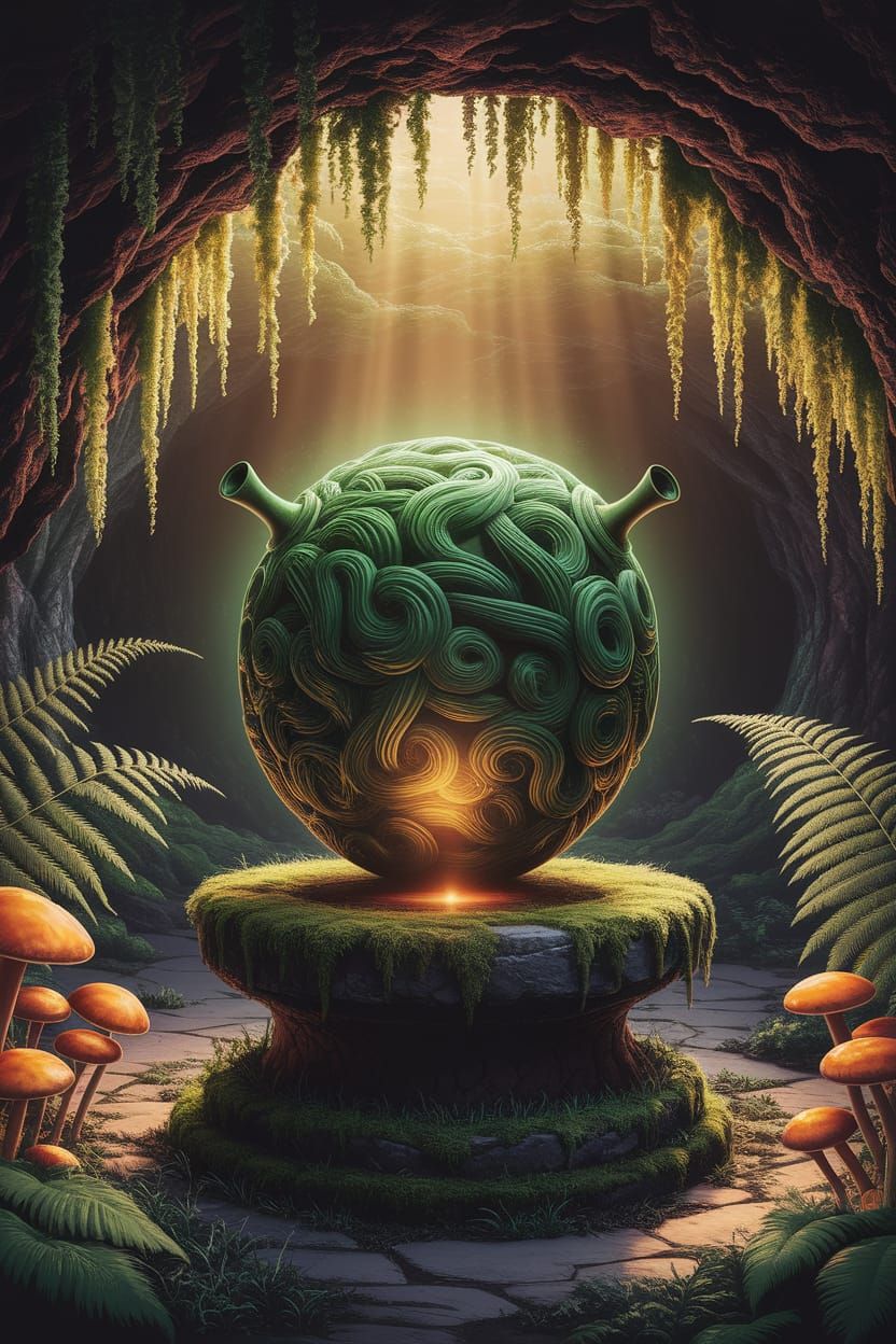 Ancient Artifact with Shrek Hair Glows in Forest Grotto