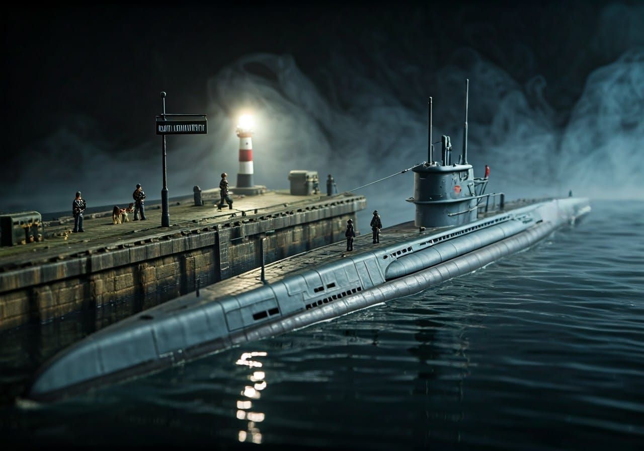 Miniature German U-Boat Base in Cinematic Lighting