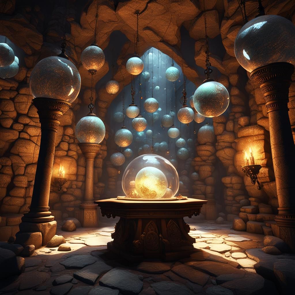 Adventurers in Stone Chamber with Glass Orbs