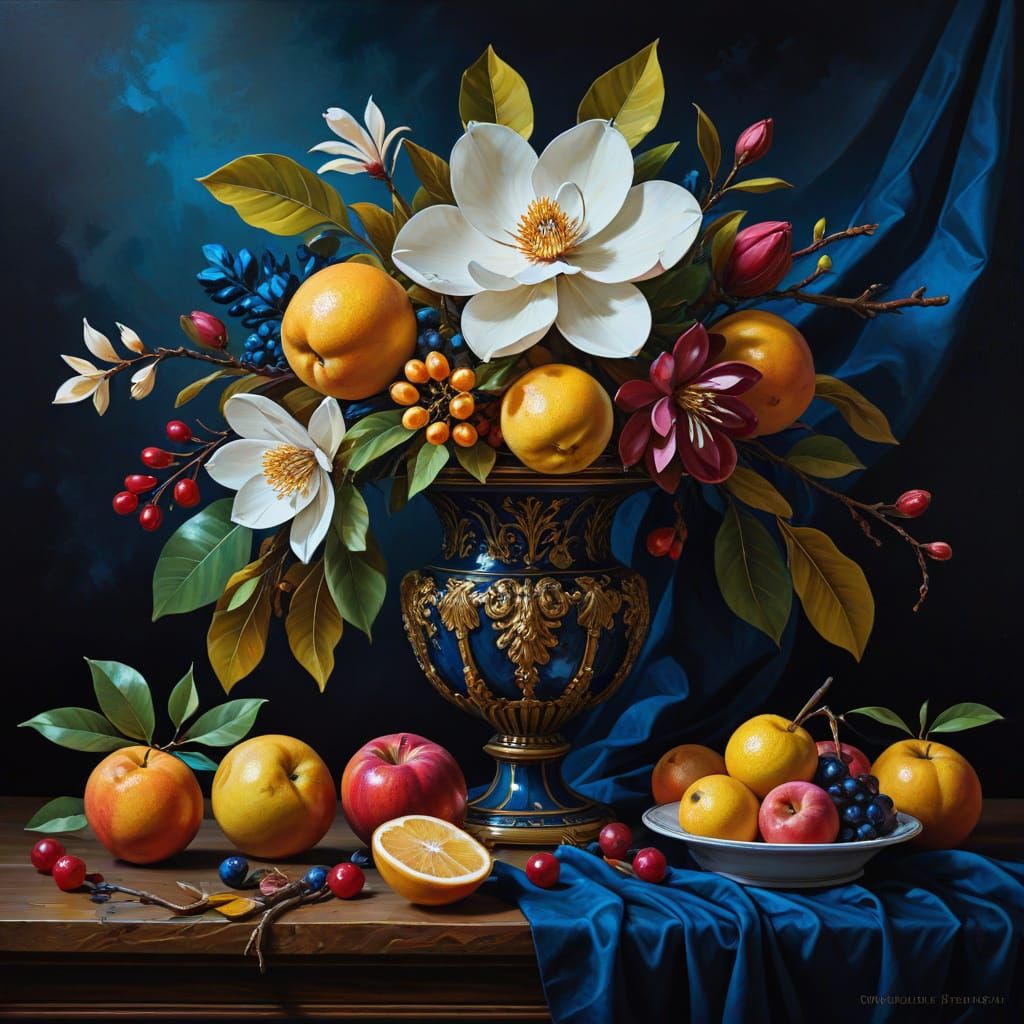 "Classic Artistic Oil Painting Styles: "Still life with fruits and magnolia flowers in Baroque style, dark background wi...