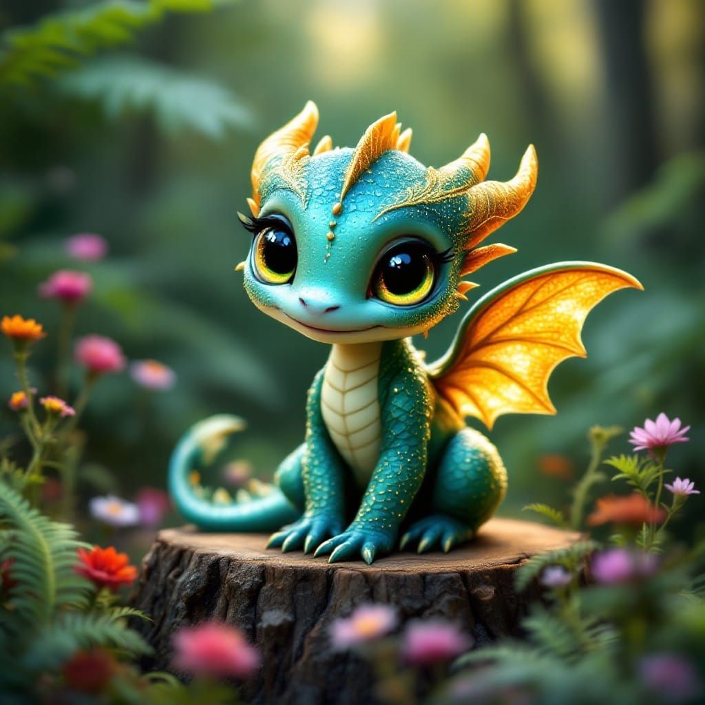 Chibi Green Dragon Surrounded by Enchanted Forest Blooms