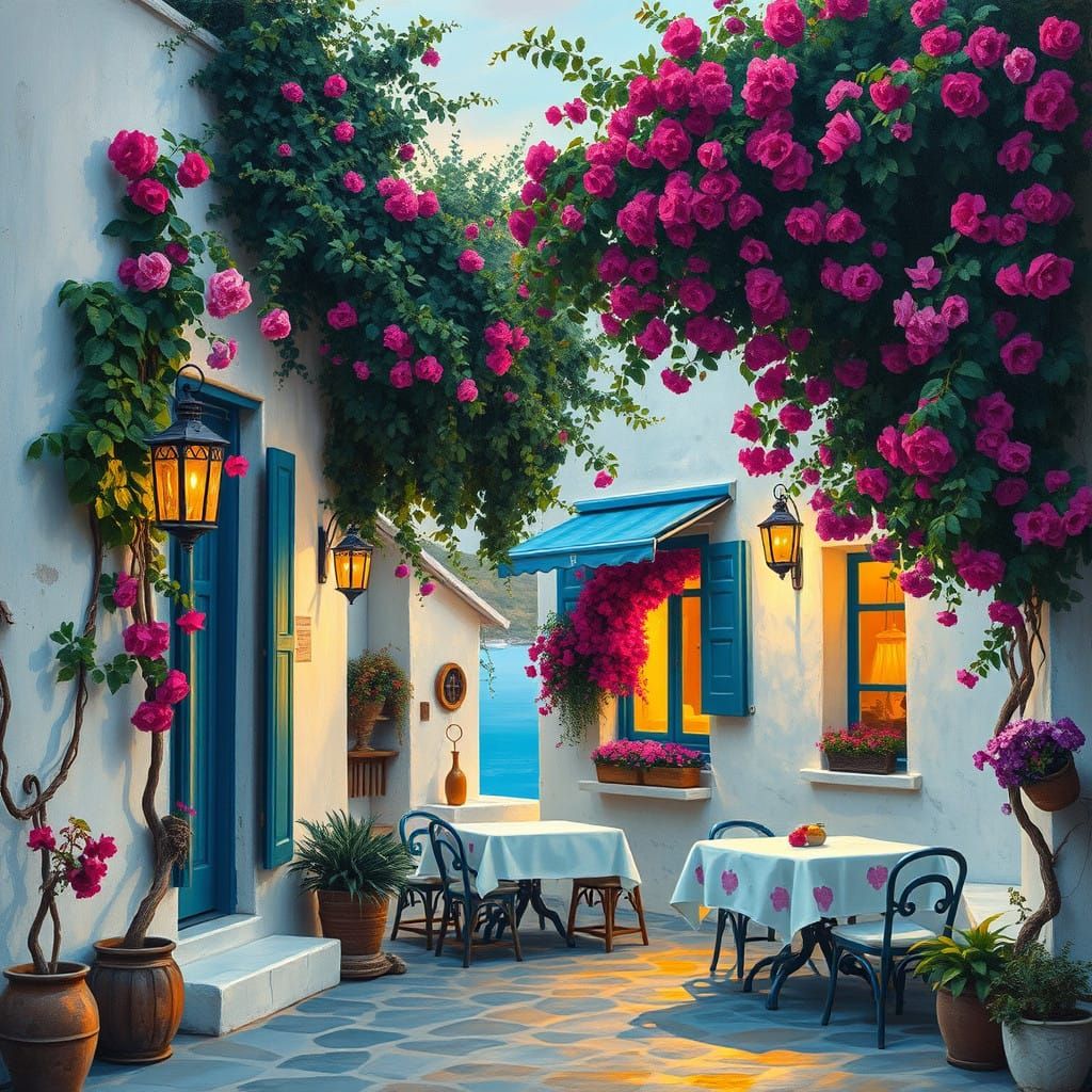 Surreal Seaside Taverna at Sunset in a Dreamy, Impressionist...