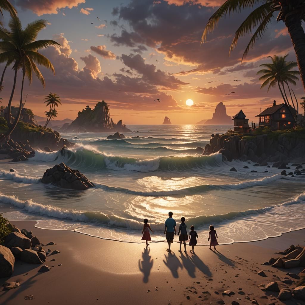 Beach Sunset with Family: Fantasy Matte Painting