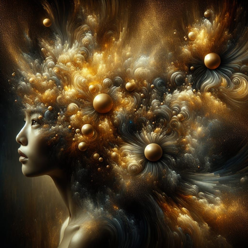 Surreal Asian Woman with Exploding Orbs