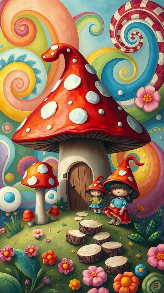Whimsical Mushroom Family in a Candy Wonderland