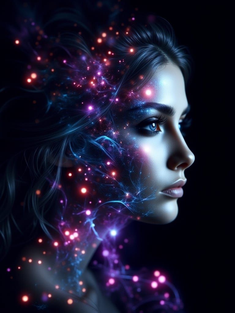 Human Form Blends into Cyberpunk Digital Network