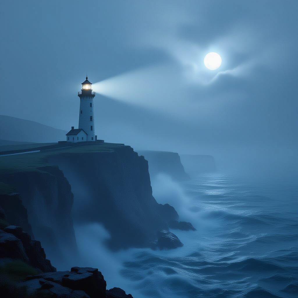Ethereal Lighthouse Beam Pierces Dramatic Fog