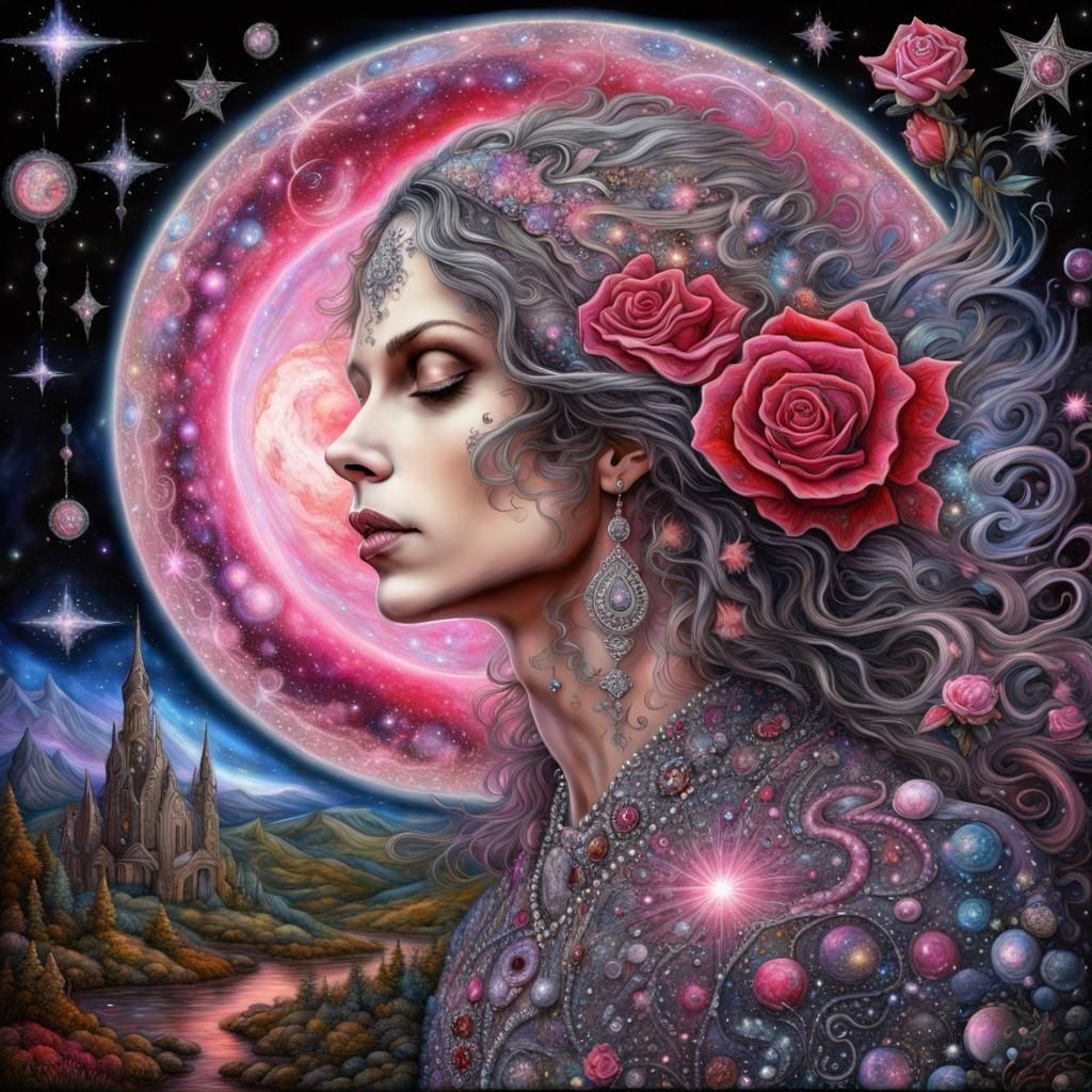 Cosmic Baroque Portrait with Psychedelic Stars