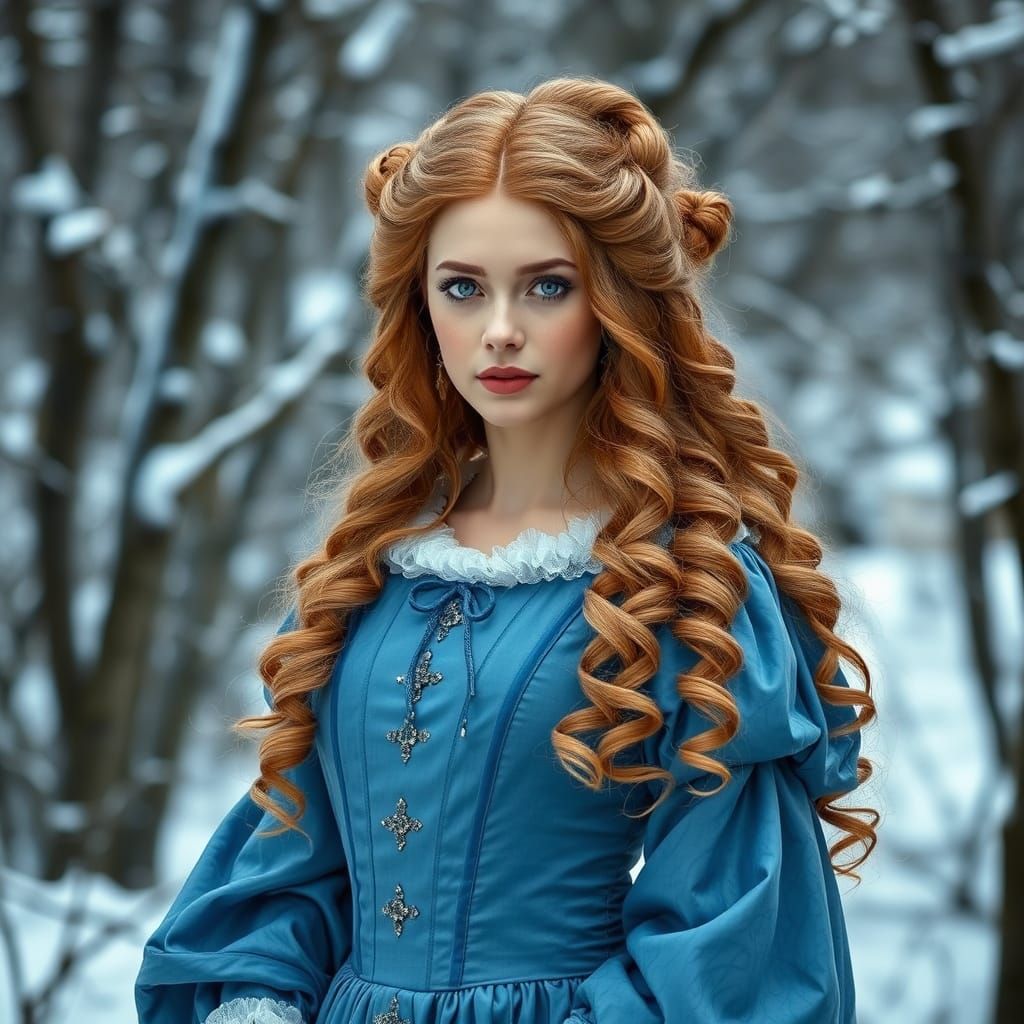 Rapunzel in Elegant Renaissance Blue Gown with Intricate Hai...